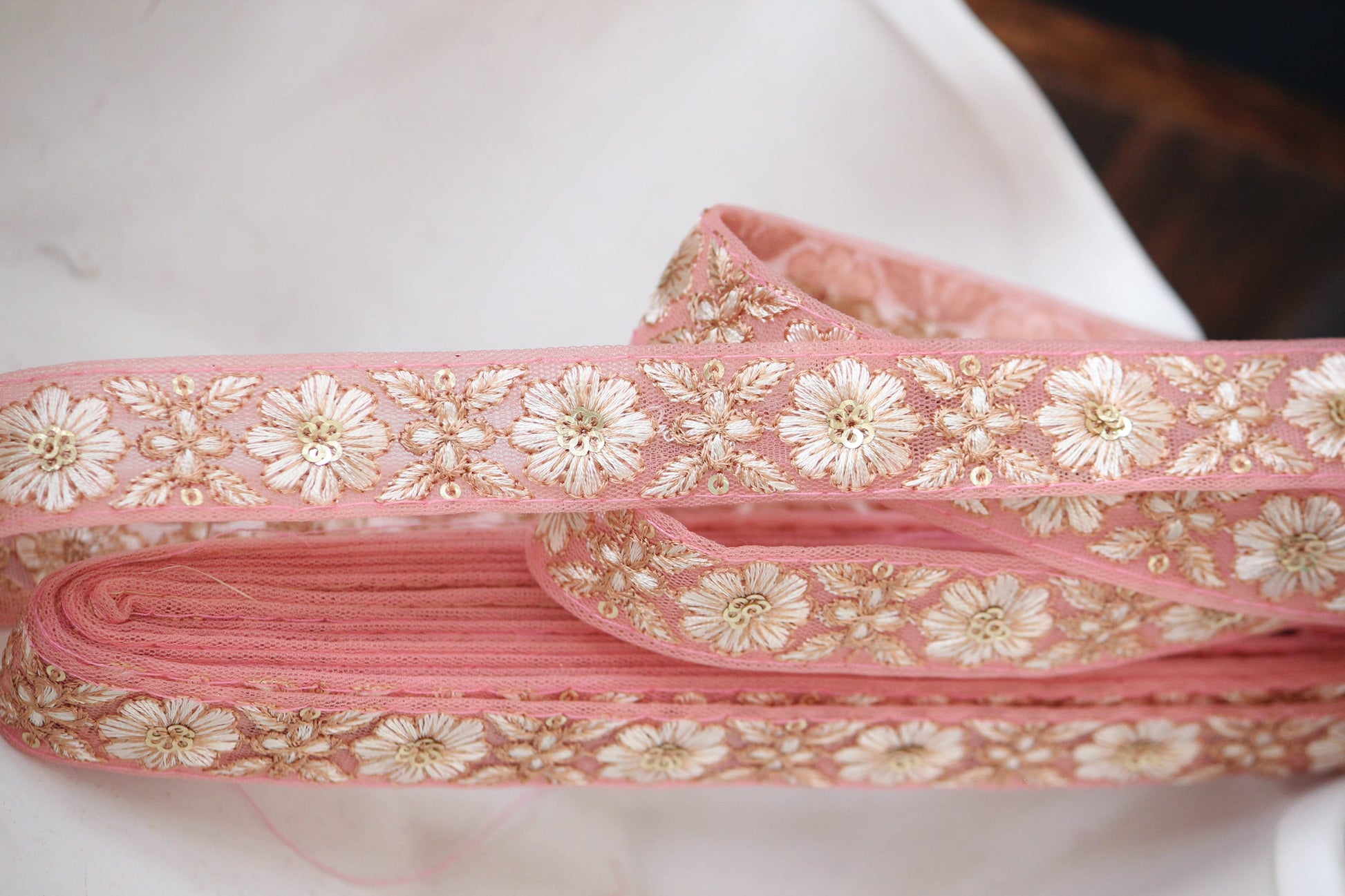 1 yard-Sugar pink floral thread embroidery ribbon on pink mesh fabric/bow making ribbon/bag handle trim/Indian colorful trim