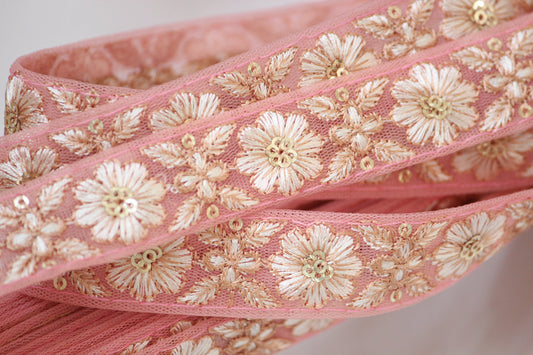 1 yard-Sugar pink floral thread embroidery ribbon on pink mesh fabric/bow making ribbon/bag handle trim/Indian colorful trim