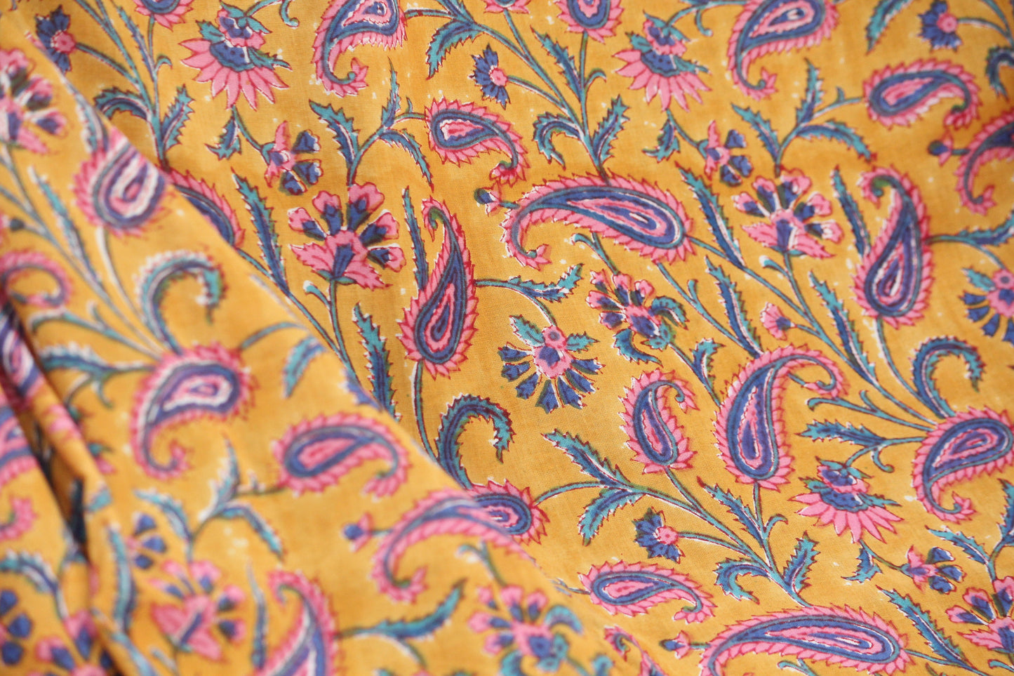 1 yard-Paisley turmeric yellow with purple pink blue floral hand printed cotton fabric -girls dress fabric/quilting/decor/women's dress