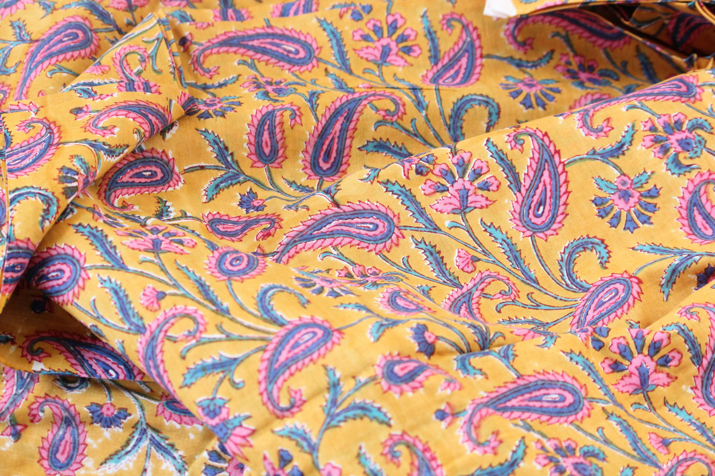 1 yard-Paisley turmeric yellow with purple pink blue floral hand printed cotton fabric -girls dress fabric/quilting/decor/women's dress