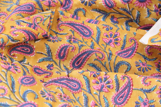 1 yard-Paisley turmeric yellow with purple pink blue floral hand printed cotton fabric -girls dress fabric/quilting/decor/women's dress