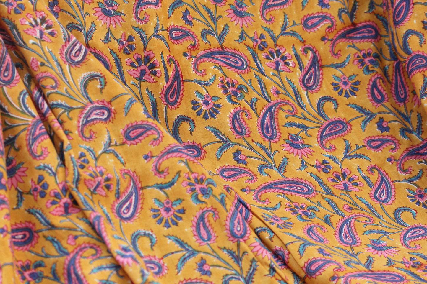 1 yard-Paisley turmeric yellow with purple pink blue floral hand printed cotton fabric -girls dress fabric/quilting/decor/women's dress