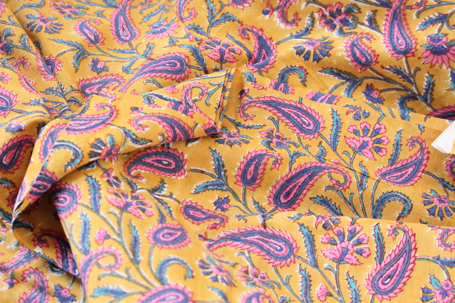 1 yard-Paisley turmeric yellow with purple pink blue floral hand printed cotton fabric -girls dress fabric/quilting/decor/women's dress