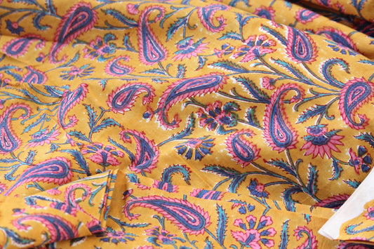 1 yard-Paisley turmeric yellow with purple pink blue floral hand printed cotton fabric -girls dress fabric/quilting/decor/women's dress