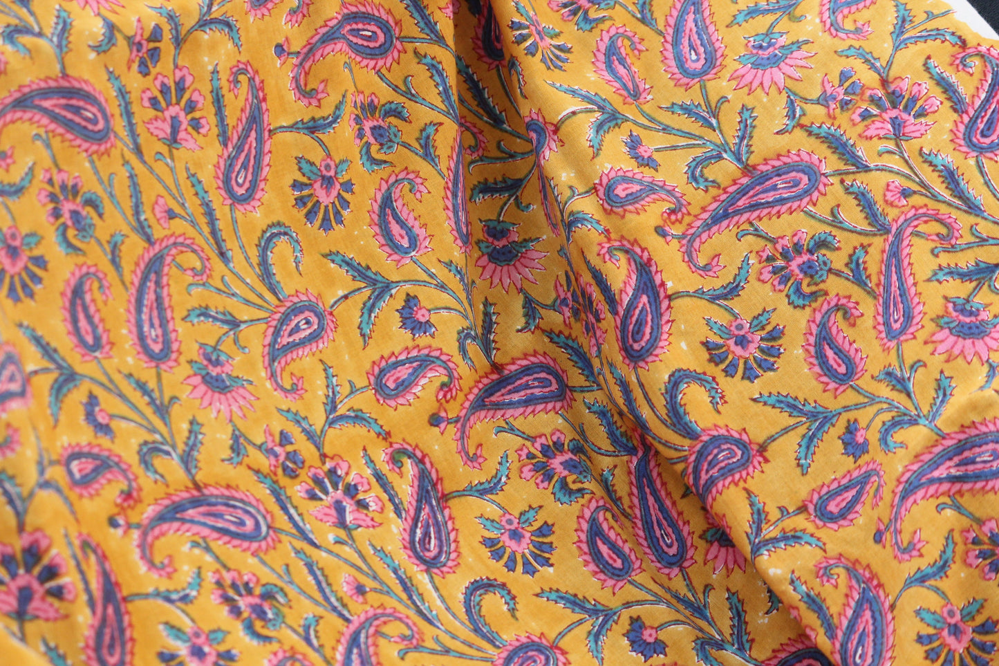 1 yard-Paisley turmeric yellow with purple pink blue floral hand printed cotton fabric -girls dress fabric/quilting/decor/women's dress