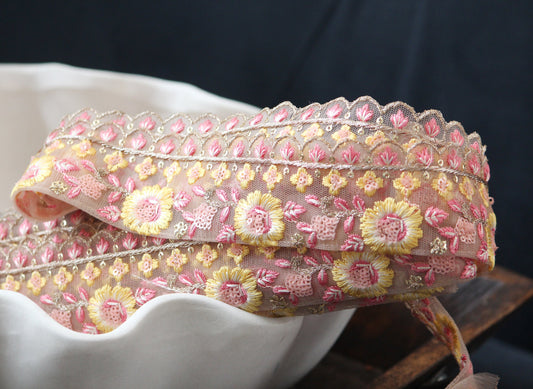 1 yard-Baby pink floral thread embroidery ribbon on mesh fabric with scallop edge-Baby pink and yellow floral trim with sequin highlights
