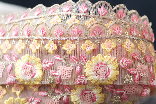 1 yard-Baby pink floral thread embroidery ribbon on mesh fabric with scallop edge-Baby pink and yellow floral trim with sequin highlights
