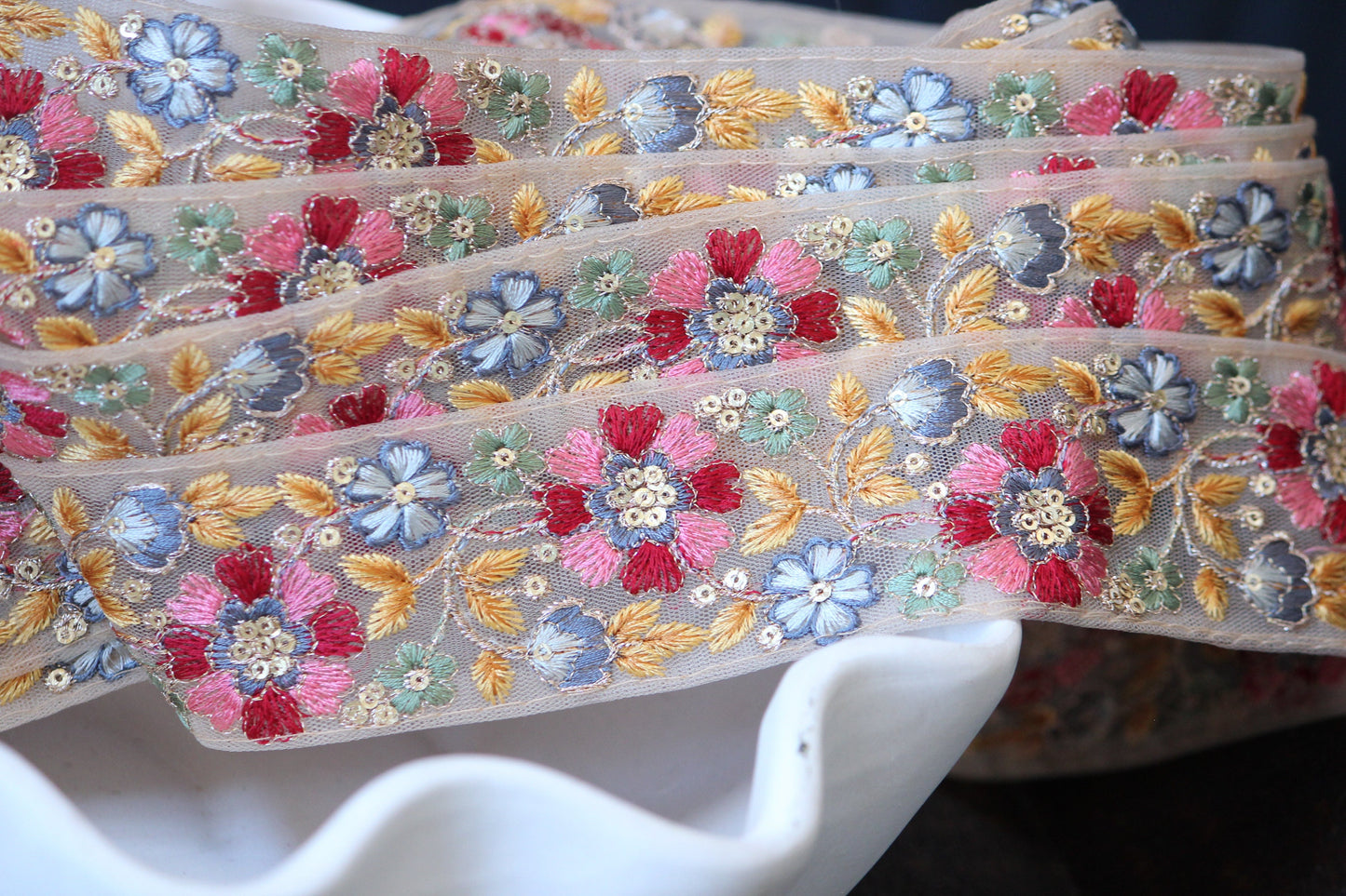 1 yard-Red Pink yellow floral thread embroidery ribbon on mesh fabric-Rose pink, red, yellow, grey and dusty blue-/bow/sequin highlights