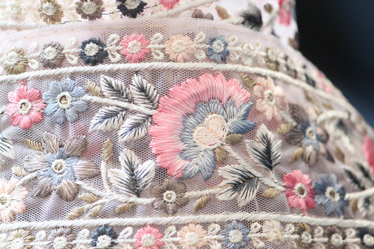 1 yard-Pastel floral thread embroidery extra wide ribbon on baby pink mesh fabric-blush pink, grey, peach and blue thread embroidery