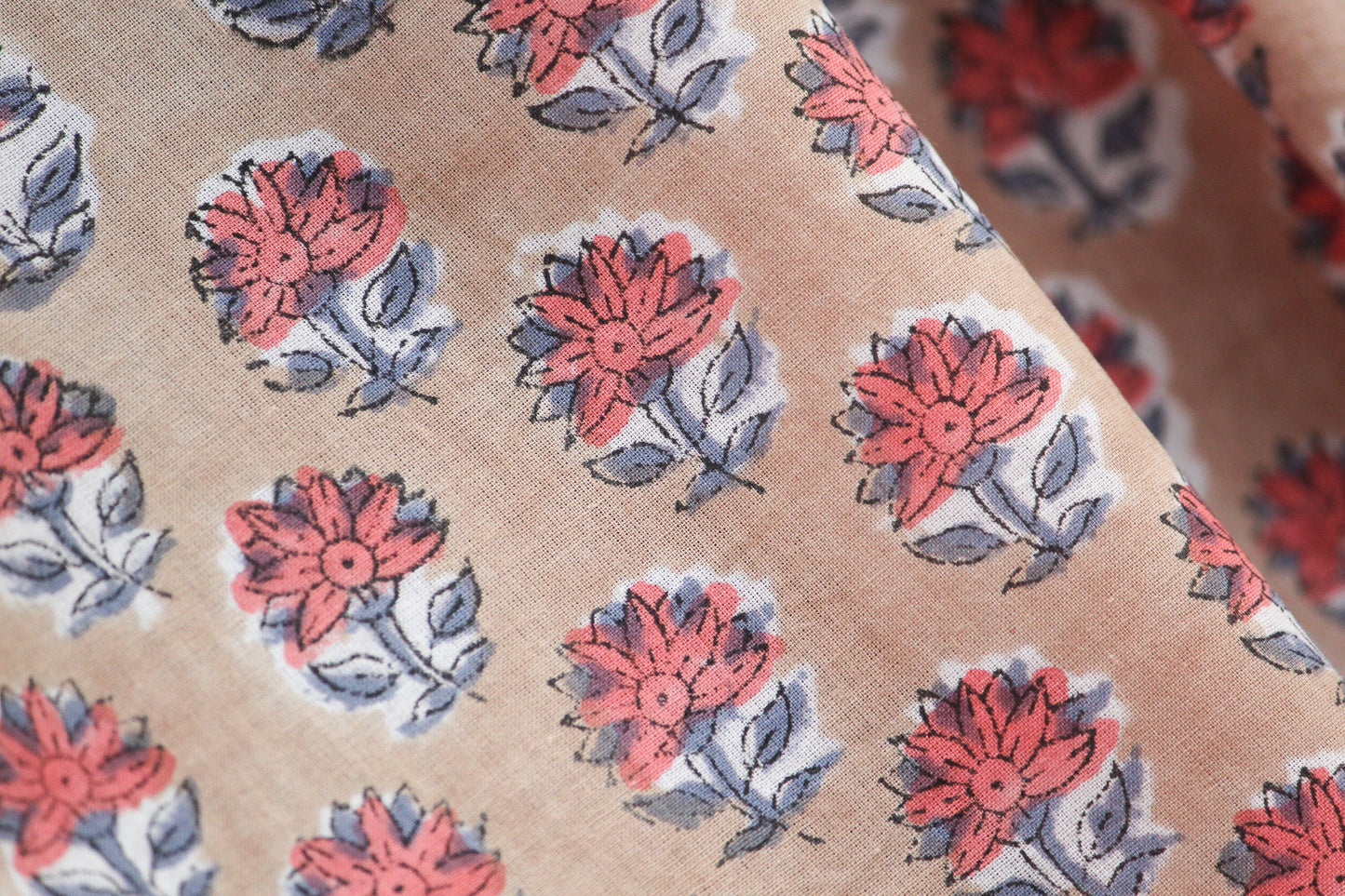 1 yard-Beige with orange rust motif hand block printed cotton fabric-girls dress fabric/quilting/decor/women's dress/quilting cotton