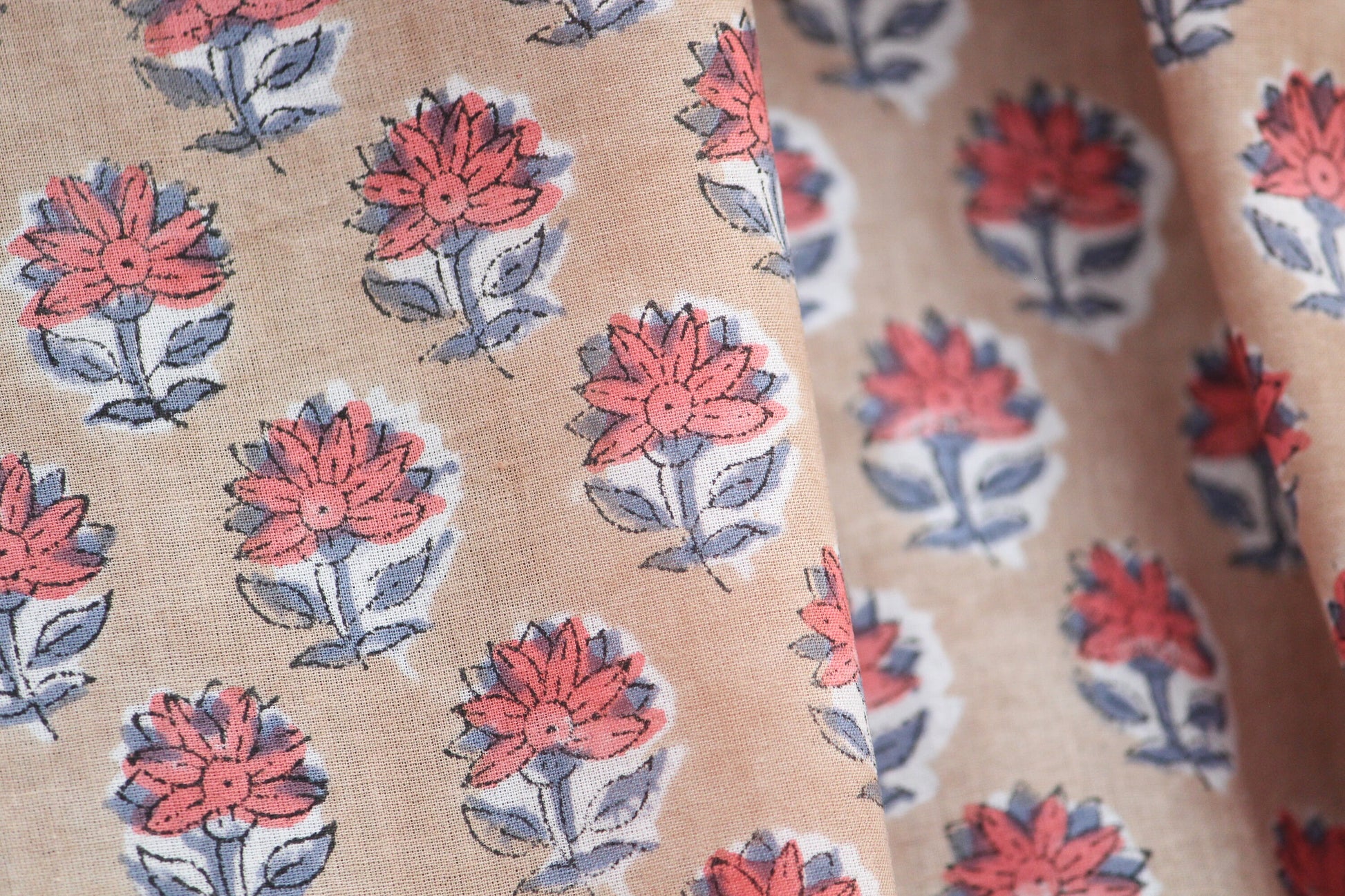 1 yard-Beige with orange rust motif hand block printed cotton fabric-girls dress fabric/quilting/decor/women's dress/quilting cotton