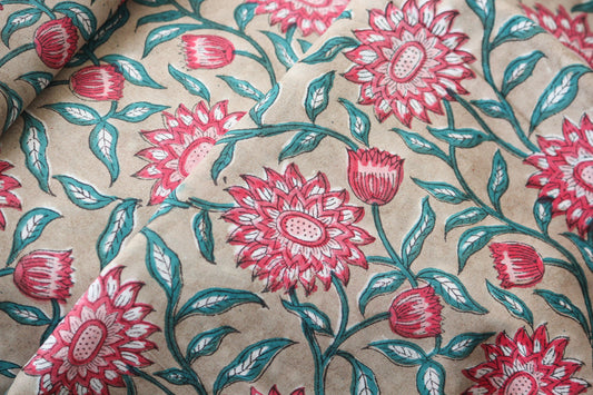 1 yard-Sunflower tropical red with beige hand block printed cotton fabric-tote bag fabric/girls dress fabric/quilting/decor/women's dress