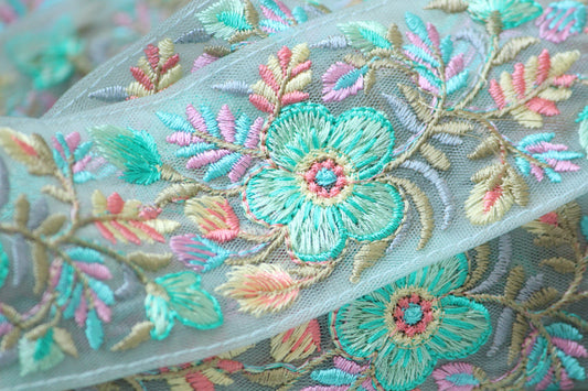 1 yard-Bright minty floral thread embroidery ribbon on mesh fabric with scallop edge-Baby pink and yellow floral trim with sequin highlights