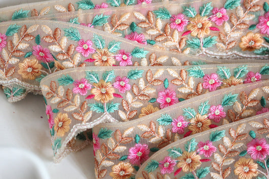 1 yard-Rose pink, great yellow floral thread embroidery ribbon on mesh fabric-dark rose, yellow with green leaf-sequin highlights