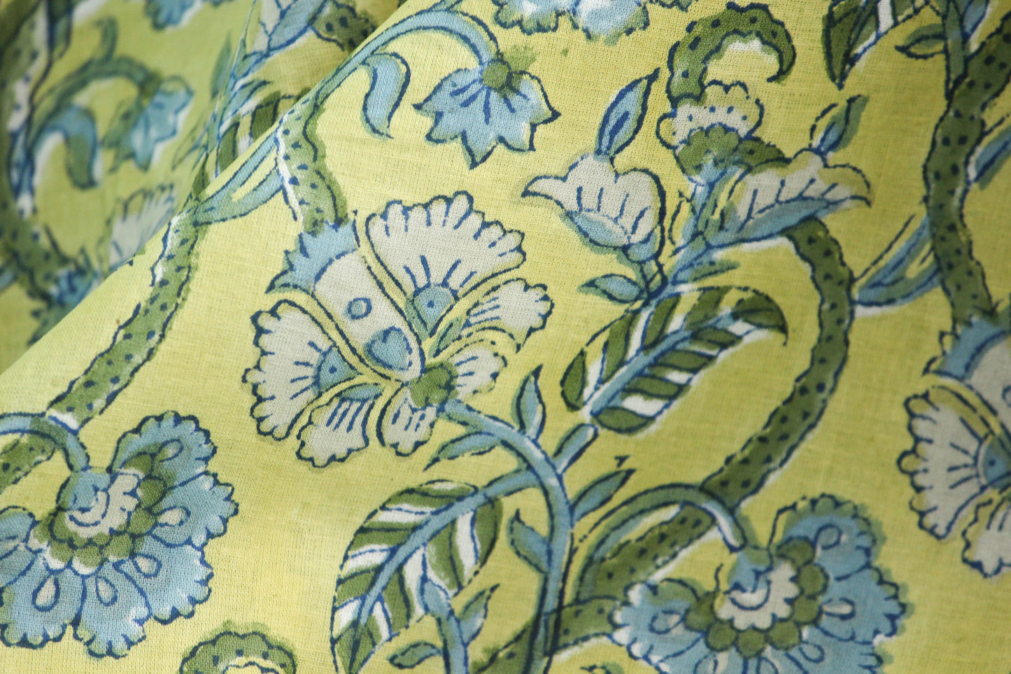 1 yard-Lime yellow green with blue floral hand block printed cotton fabric-tote bag fabric/girls dress fabric/quilting/decor/women's dress