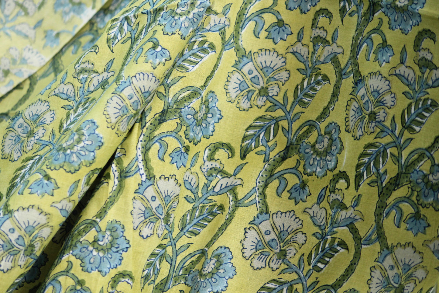 1 yard-Lime yellow green with blue floral hand block printed cotton fabric-tote bag fabric/girls dress fabric/quilting/decor/women's dress