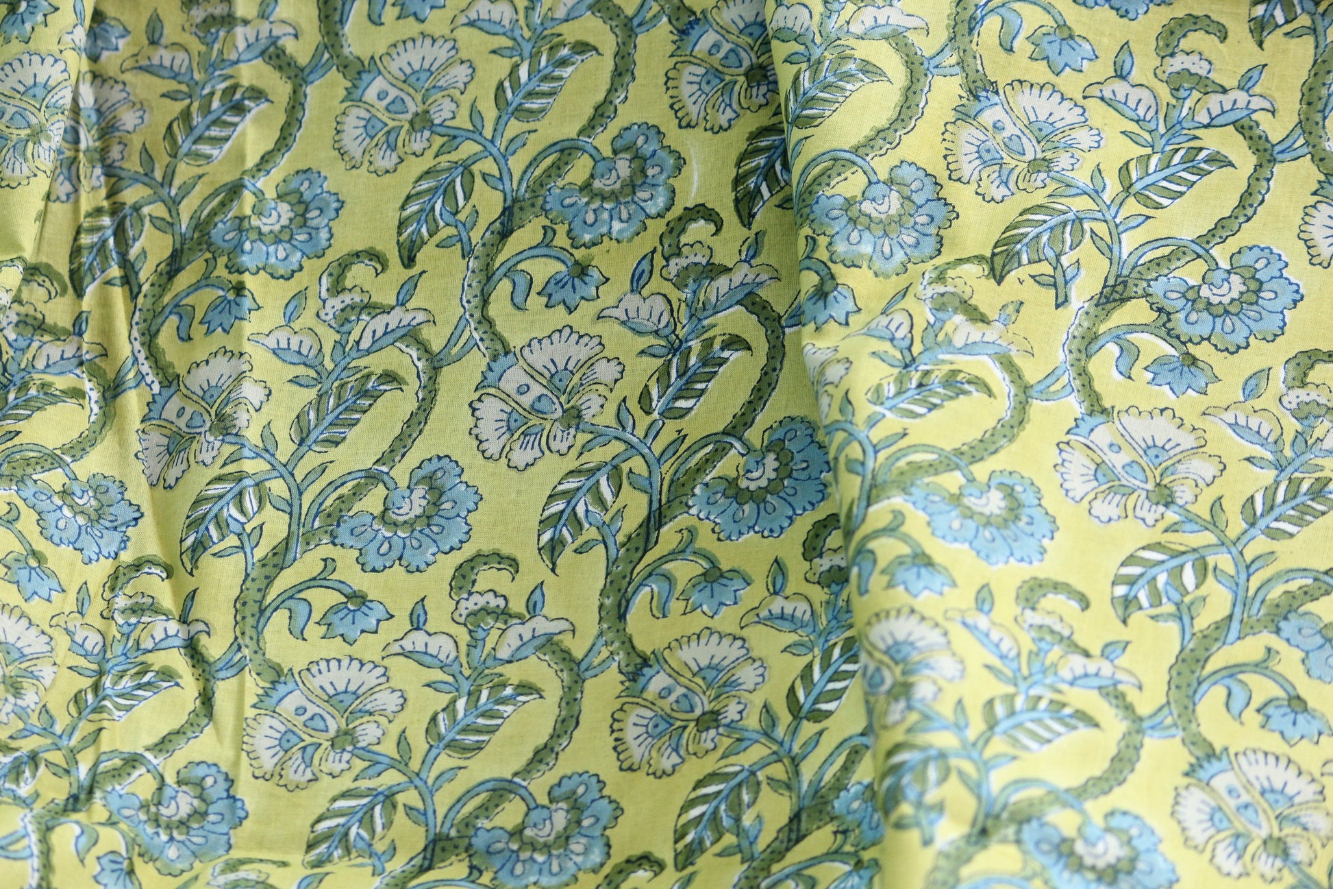 1 yard-Lime yellow green with blue floral hand block printed cotton fabric-tote bag fabric/girls dress fabric/quilting/decor/women's dress