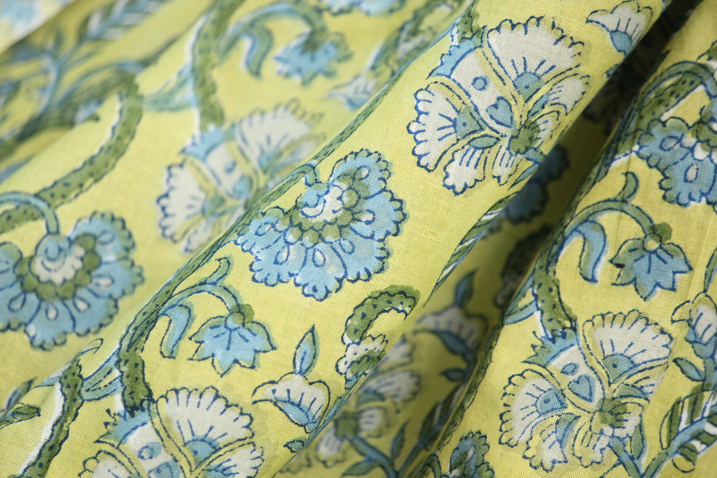 1 yard-Lime yellow green with blue floral hand block printed cotton fabric-tote bag fabric/girls dress fabric/quilting/decor/women's dress