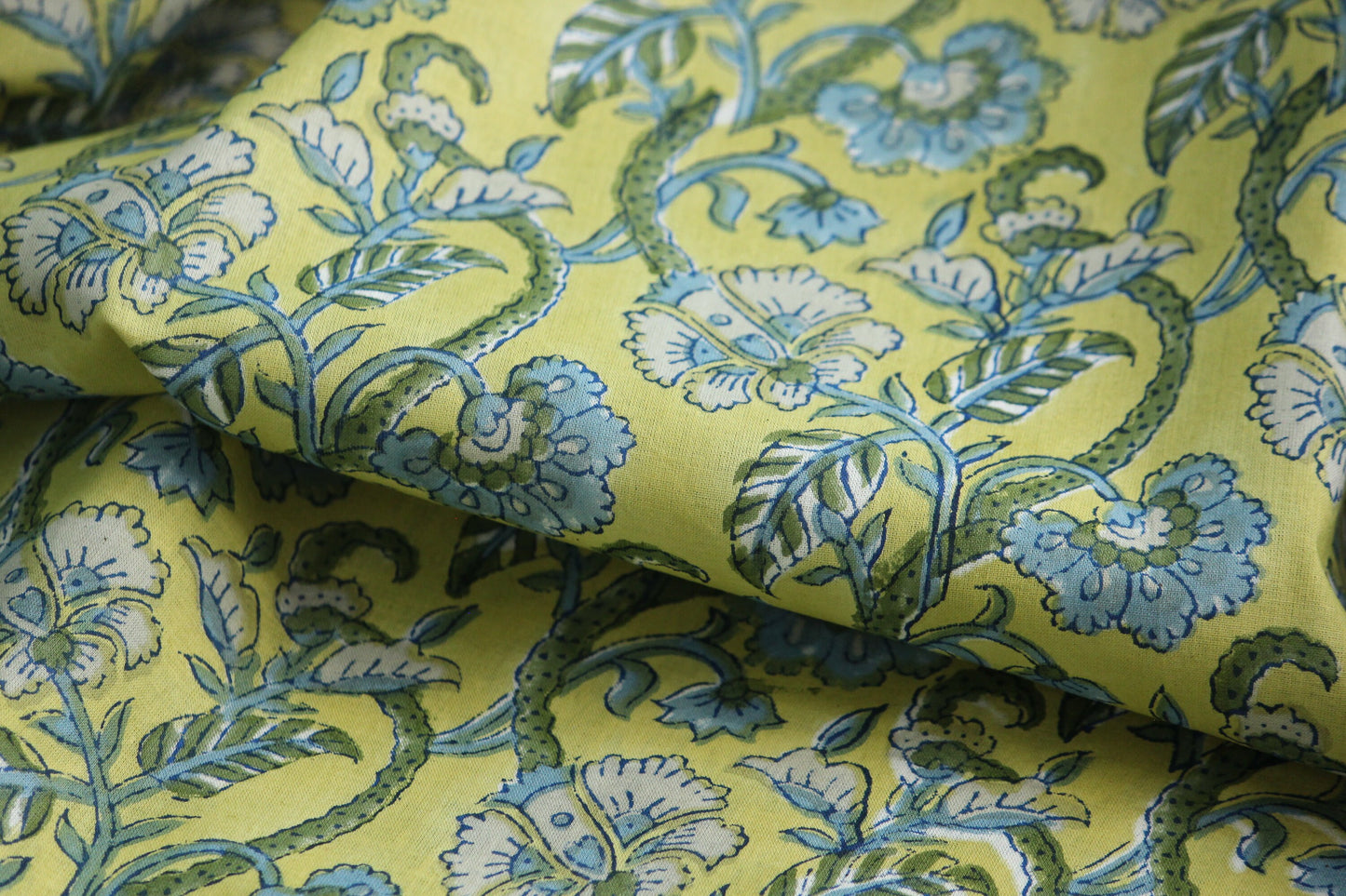 1 yard-Lime yellow green with blue floral hand block printed cotton fabric-tote bag fabric/girls dress fabric/quilting/decor/women's dress