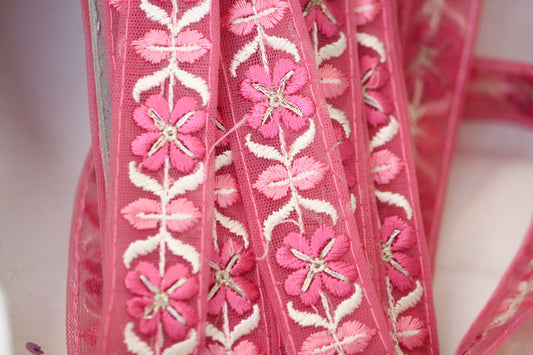 1 yard-berry pink floral thread embroidery ribbon on mesh fabric with scallop edge-Baby pink and yellow floral trim with sequin highlights