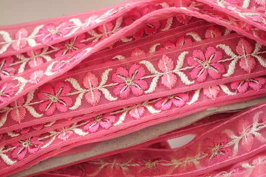1 yard-berry pink floral thread embroidery ribbon on mesh fabric with scallop edge-Baby pink and yellow floral trim with sequin highlights