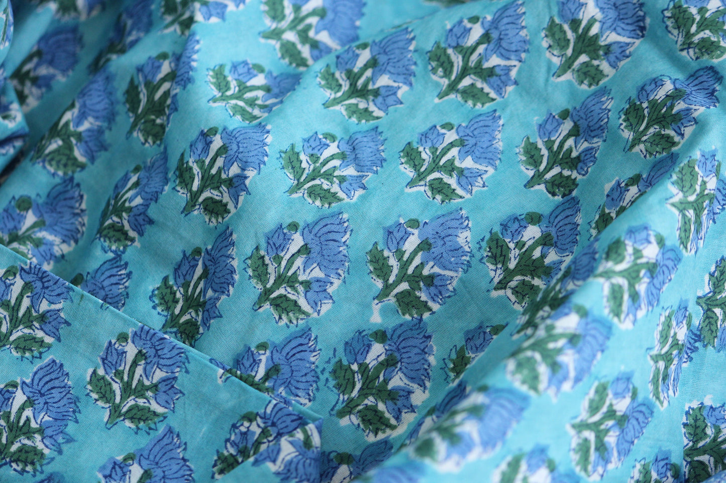 1 yard-Blue green with cobalt floral hand block printed cotton fabric-tote bag fabric/girls dress fabric/quilting/decor/women's dress
