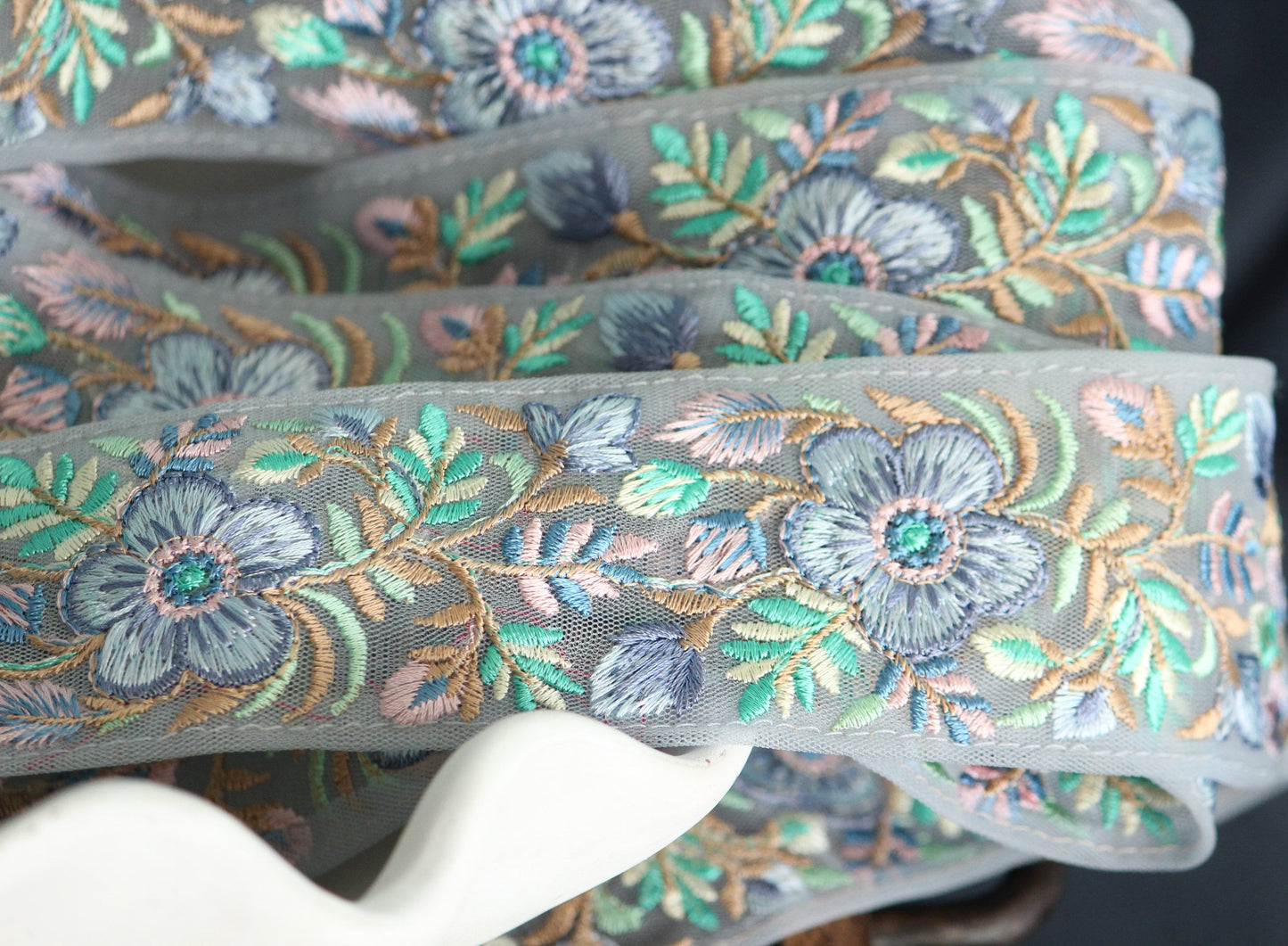 1yard-Pastel lavender floral thread embroidery ribbon on grey beige mesh fabric-Blue green pink thread embroidery/bow making ribbon trim