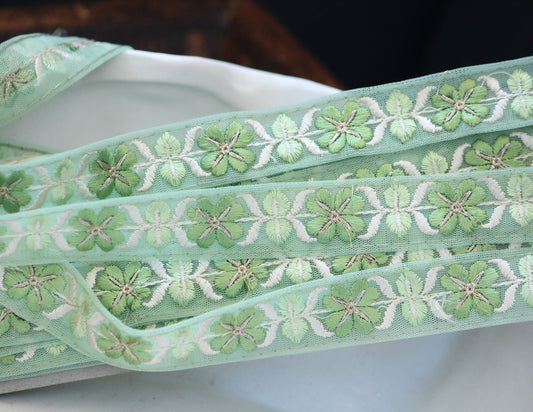 1 yard-Pastel green floral thread embroidery ribbon on mesh fabric with scallop edge-Baby pink and yellow floral trim with sequin highlights