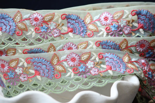 1 yard-Mint green floral thread embroidery ribbon on mesh fabric with scallop edge-Baby pink and yellow floral trim with sequin highlights