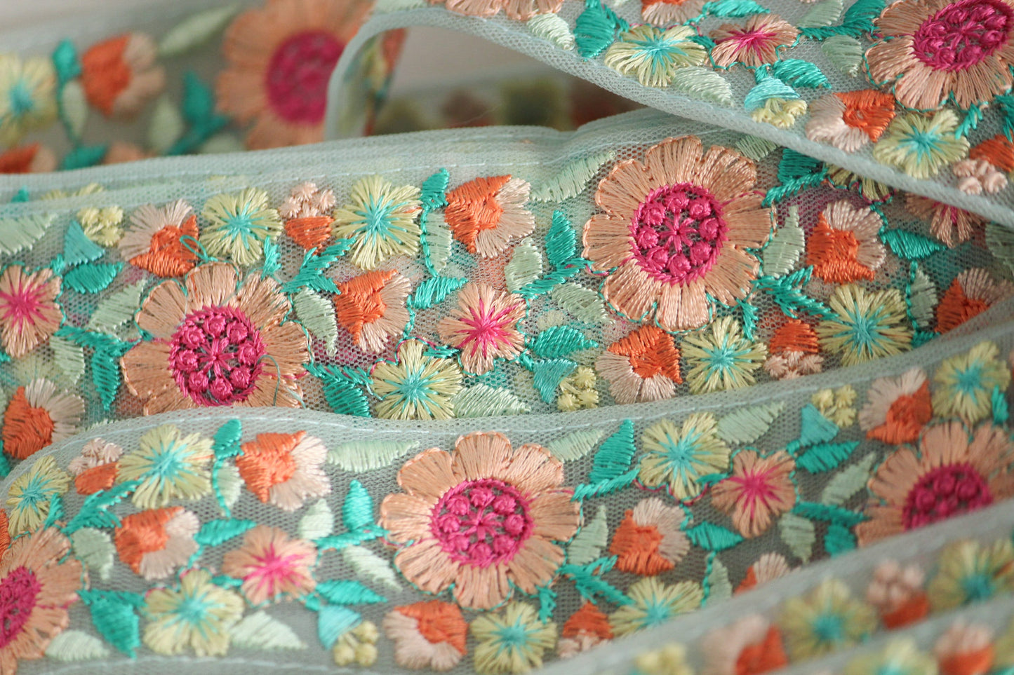 1yard-Aqua peach pink floral thread embroidery ribbon on mint mesh fabric-Blue green pink thread embroidery/bow making ribbon trim