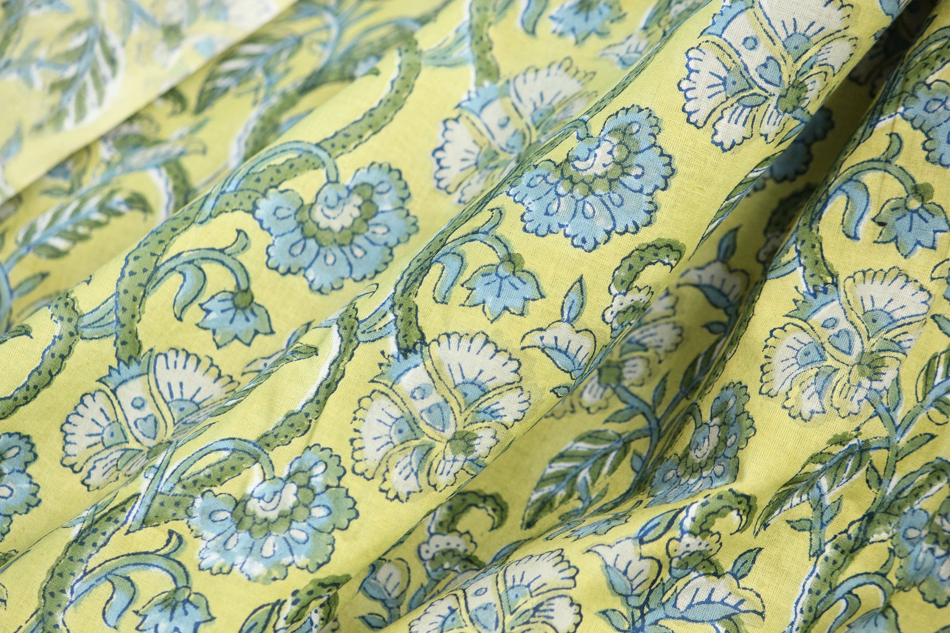 1 yard-Lime yellow green with blue floral hand block printed cotton fabric-tote bag fabric/girls dress fabric/quilting/decor/women's dress