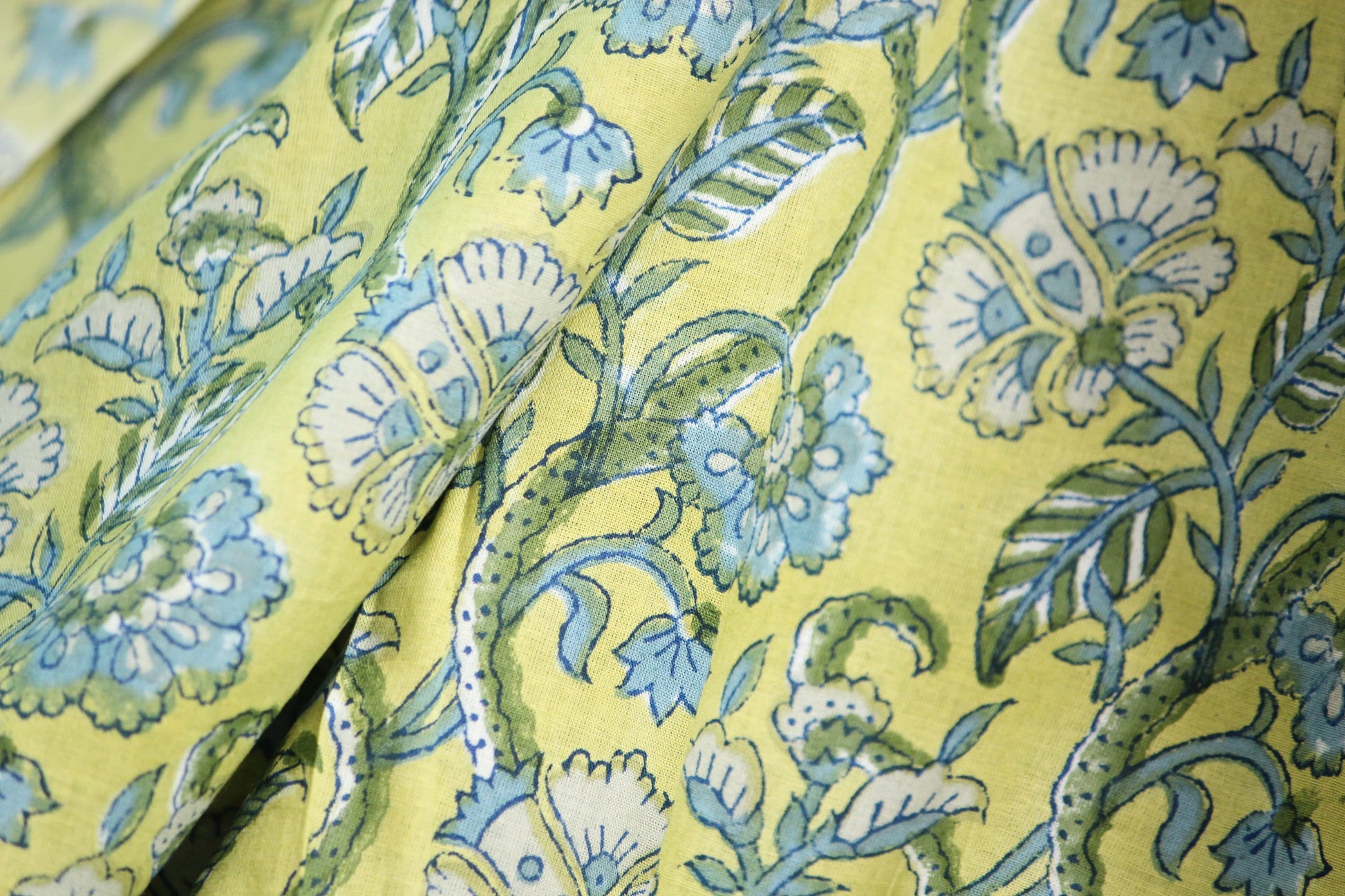 1 yard-Lime yellow green with blue floral hand block printed cotton fabric-tote bag fabric/girls dress fabric/quilting/decor/women's dress