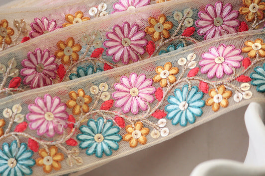 1 yard-Blue pink daisy flower thread embroidery mesh nude ribbon-rose pink, aqua blue, yellow, red-sequin highlights, decorative ribbon