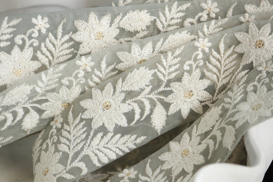 1yard-Pastel beige grey floral thread embroidery ribbon on grey beige mesh fabric-Ivory cream white thread embroidery/bow making ribbon trim
