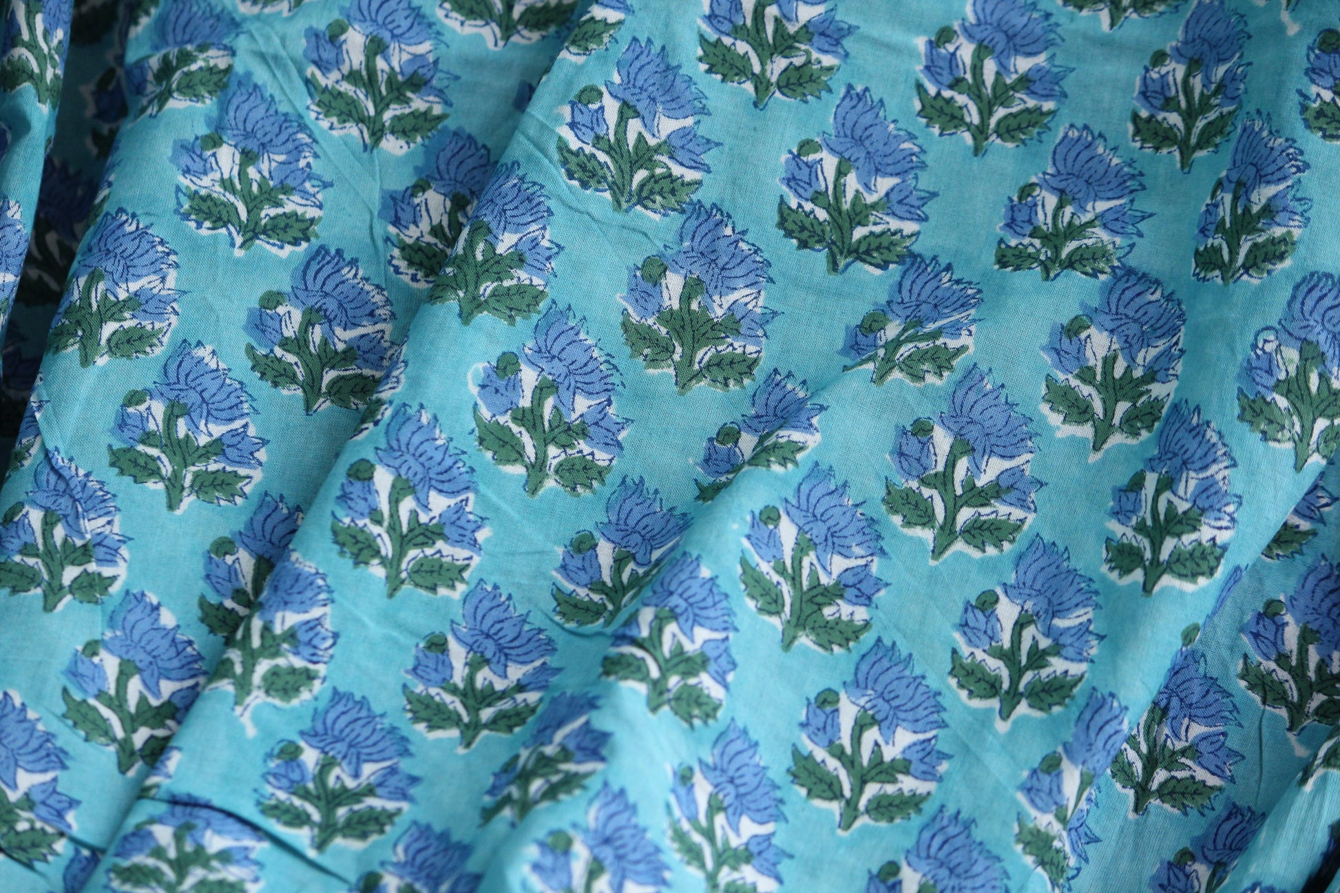 1 yard-Blue green with cobalt floral hand block printed cotton fabric-tote bag fabric/girls dress fabric/quilting/decor/women's dress