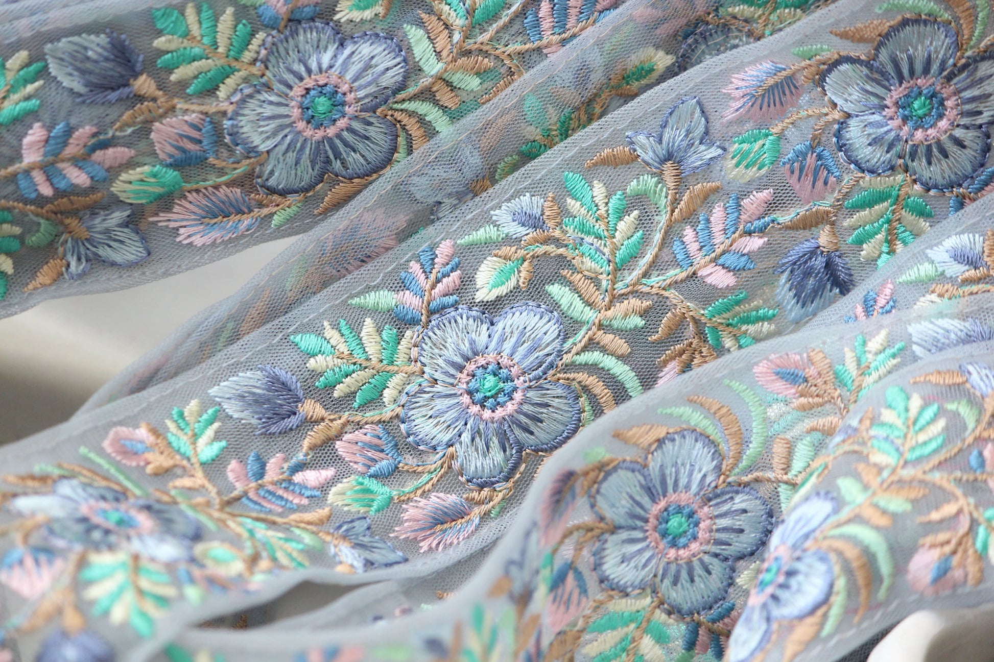 1yard-Pastel lavender floral thread embroidery ribbon on grey beige mesh fabric-Blue green pink thread embroidery/bow making ribbon trim