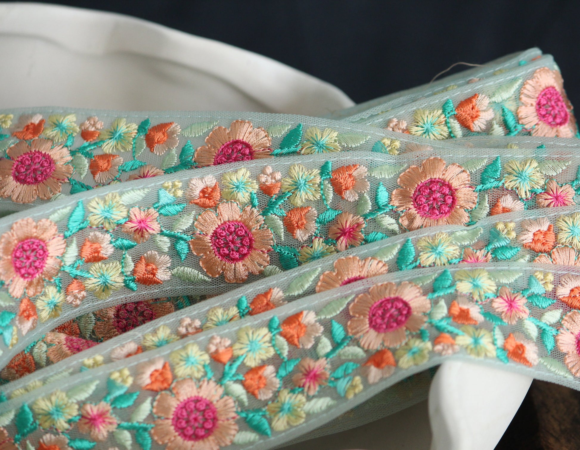 1yard-Aqua peach pink floral thread embroidery ribbon on mint mesh fabric-Blue green pink thread embroidery/bow making ribbon trim