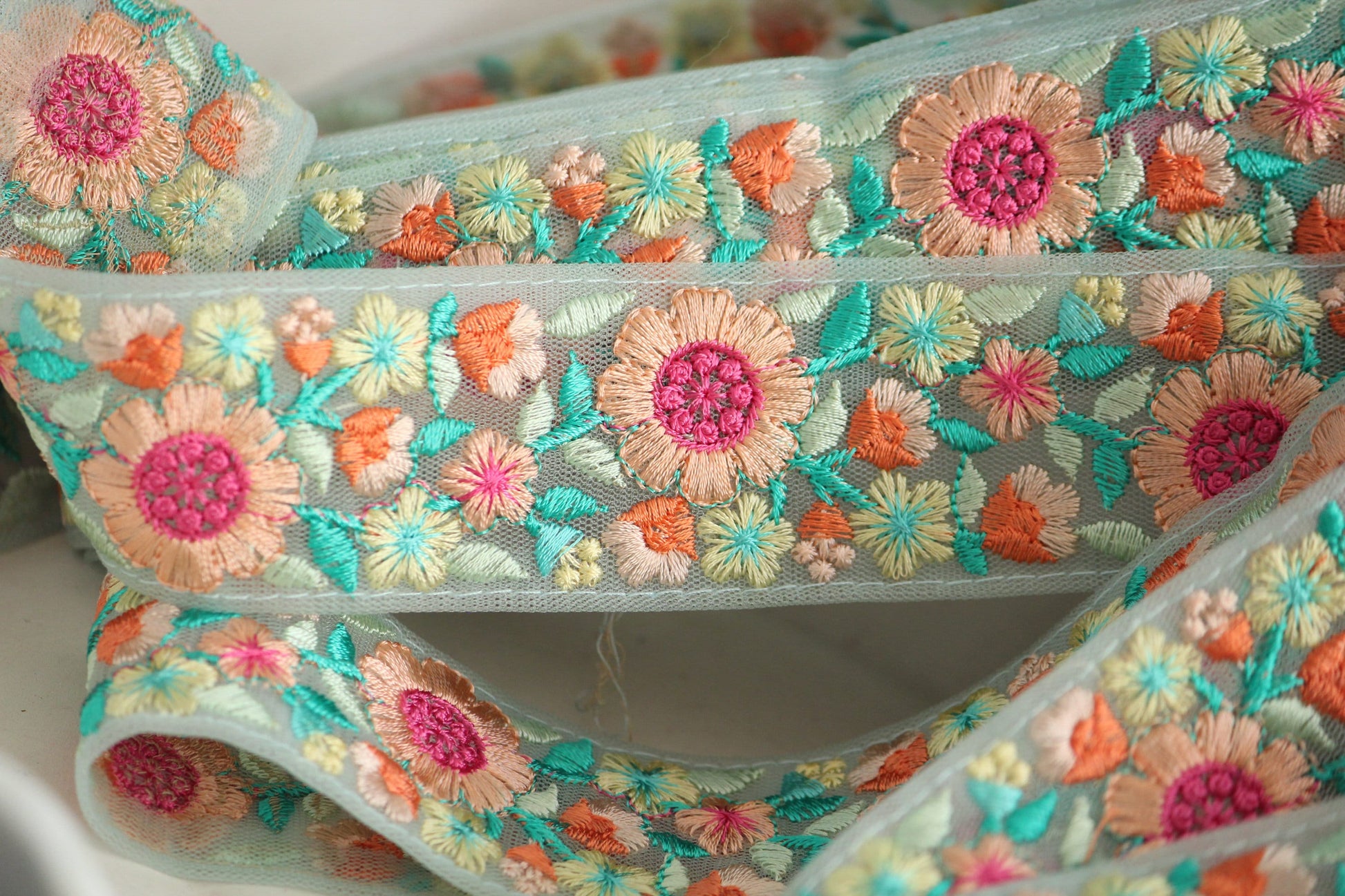 1yard-Aqua peach pink floral thread embroidery ribbon on mint mesh fabric-Blue green pink thread embroidery/bow making ribbon trim