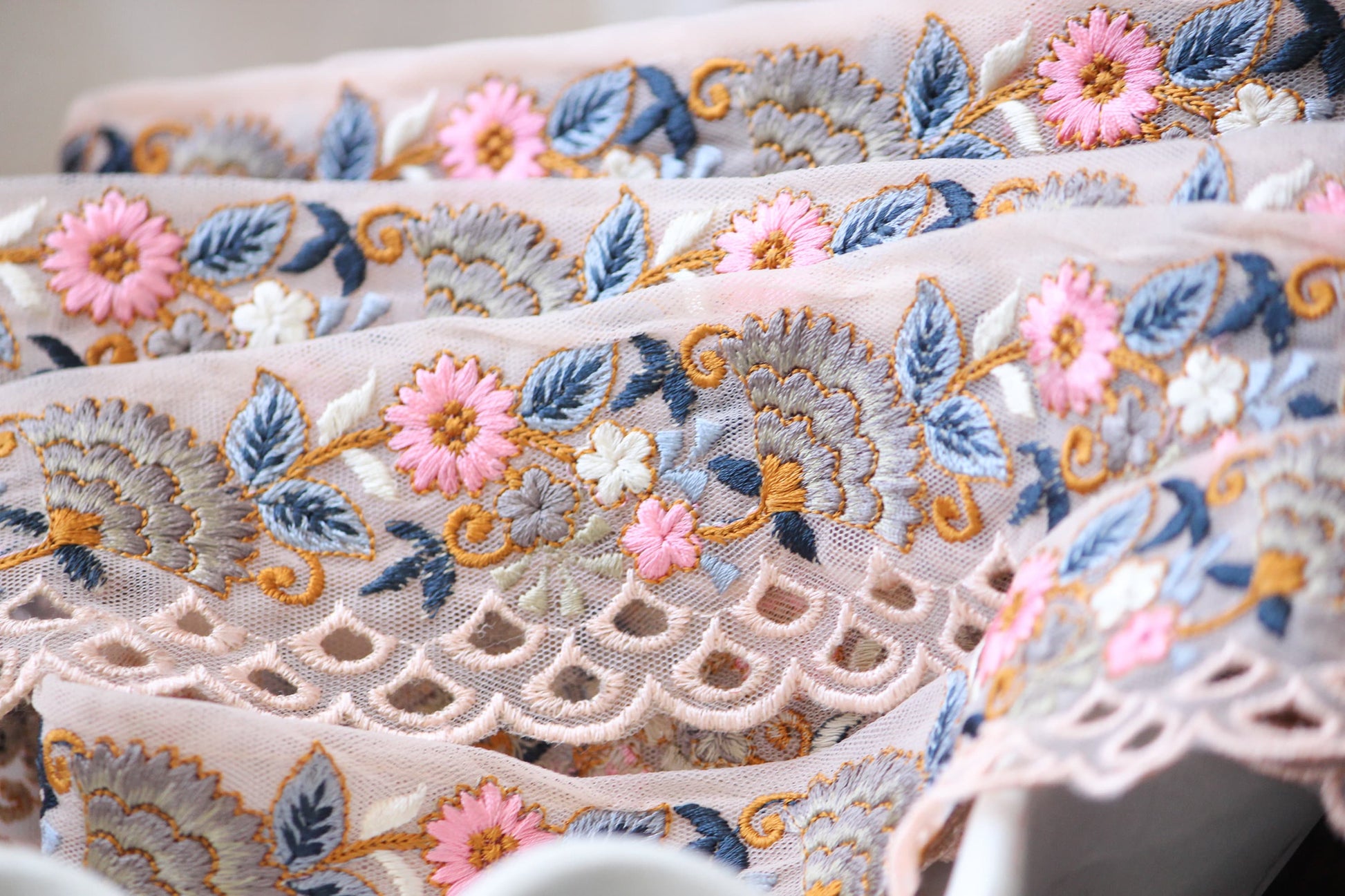 1 yard-Baby pink floral thread embroidery ribbon on mesh fabric with scallop edge-Baby pink and blue floral trim with scallop highlights