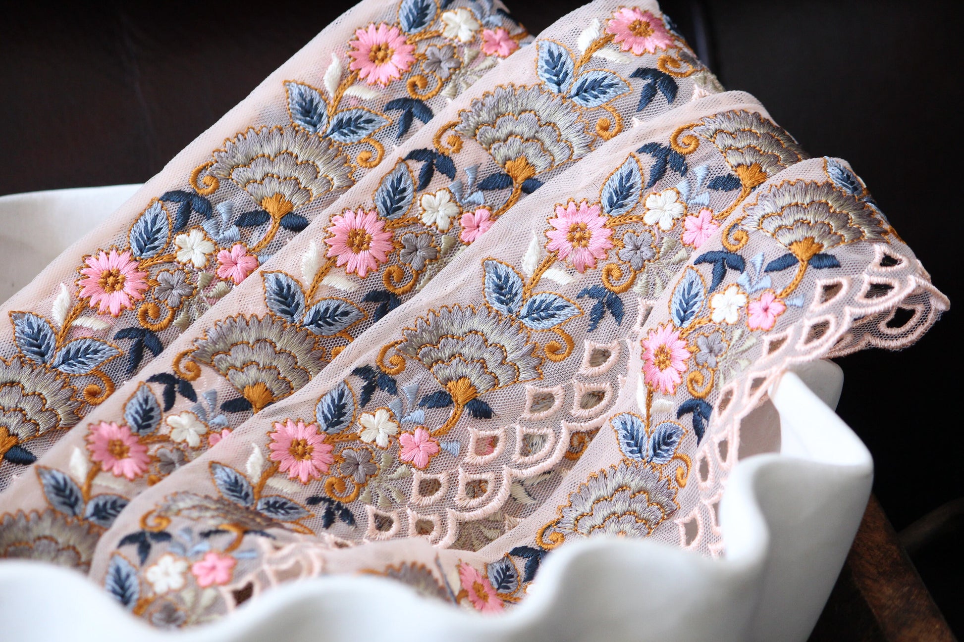 1 yard-Baby pink floral thread embroidery ribbon on mesh fabric with scallop edge-Baby pink and blue floral trim with scallop highlights