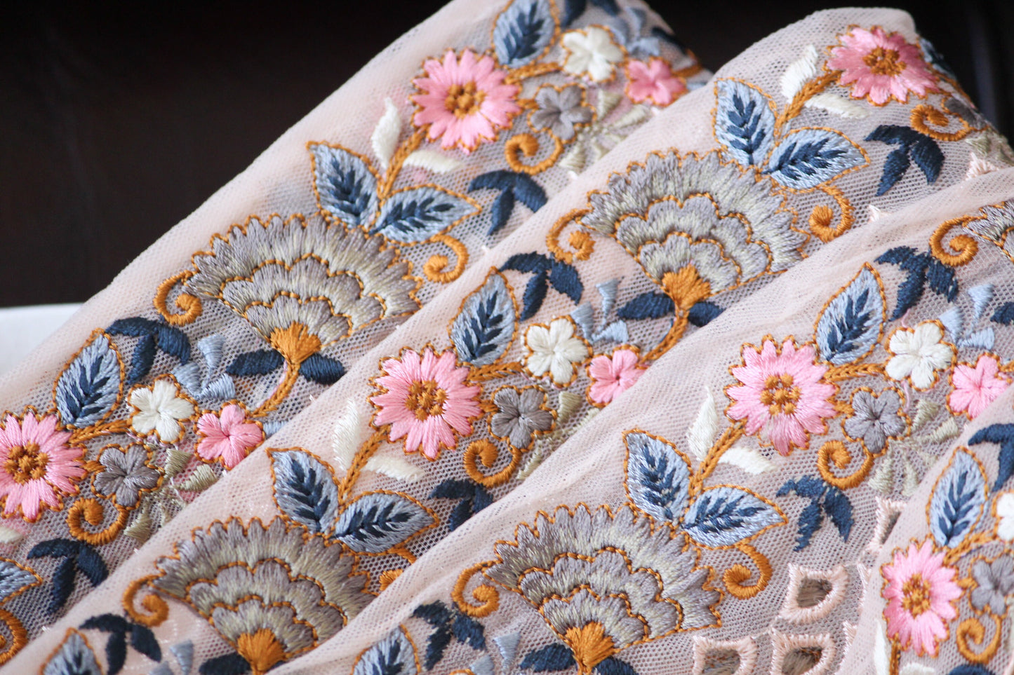 1 yard-Baby pink floral thread embroidery ribbon on mesh fabric with scallop edge-Baby pink and blue floral trim with scallop highlights