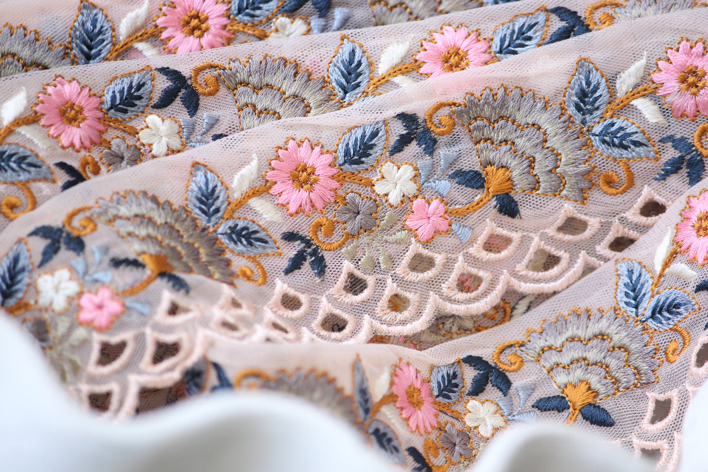 1 yard-Baby pink floral thread embroidery ribbon on mesh fabric with scallop edge-Baby pink and blue floral trim with scallop highlights