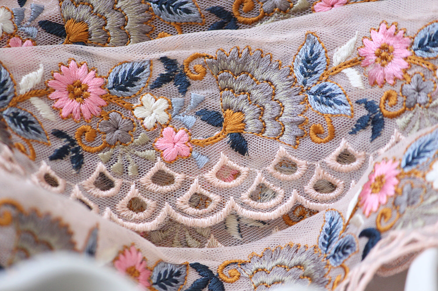 1 yard-Baby pink floral thread embroidery ribbon on mesh fabric with scallop edge-Baby pink and blue floral trim with scallop highlights