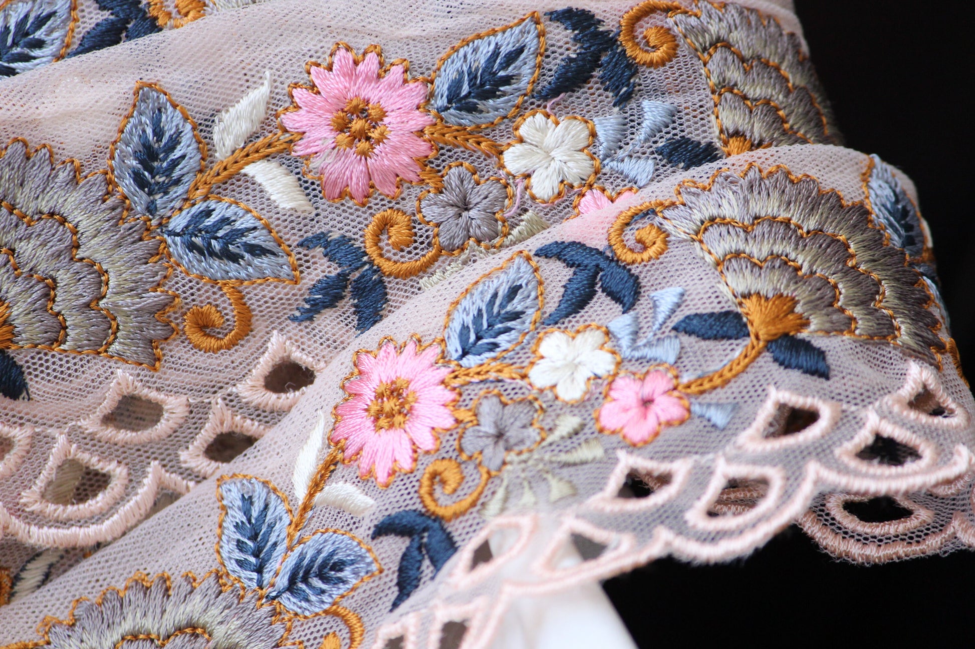 1 yard-Baby pink floral thread embroidery ribbon on mesh fabric with scallop edge-Baby pink and blue floral trim with scallop highlights
