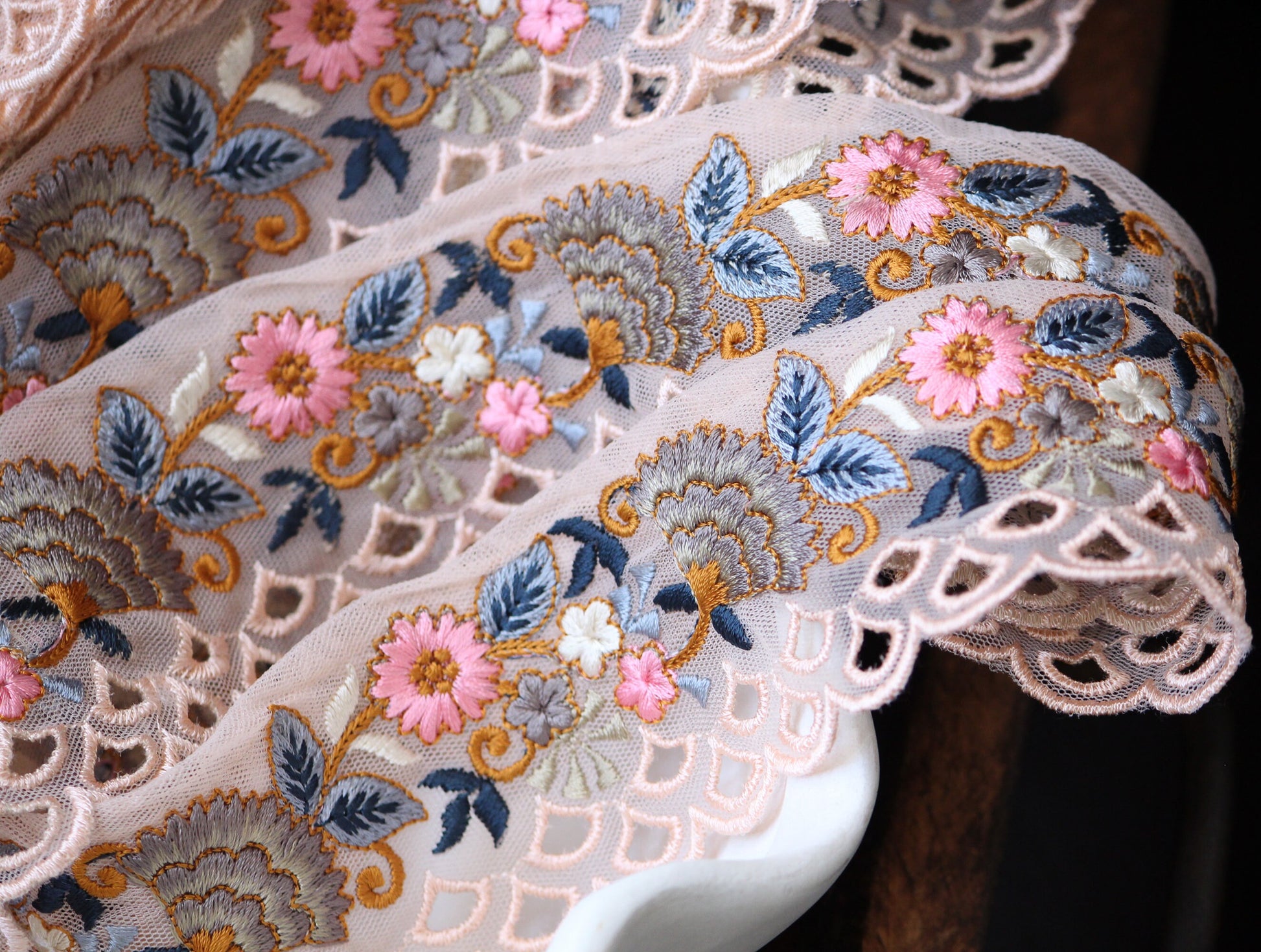 1 yard-Baby pink floral thread embroidery ribbon on mesh fabric with scallop edge-Baby pink and blue floral trim with scallop highlights